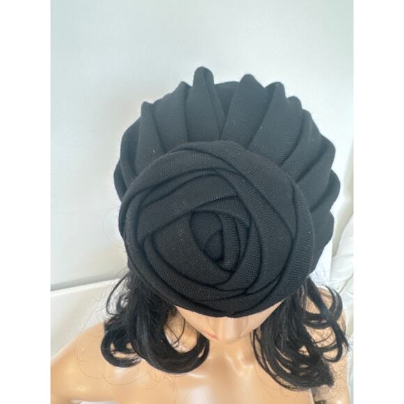 1960s Black Knit Turban Hat Rosette Detail main image 13